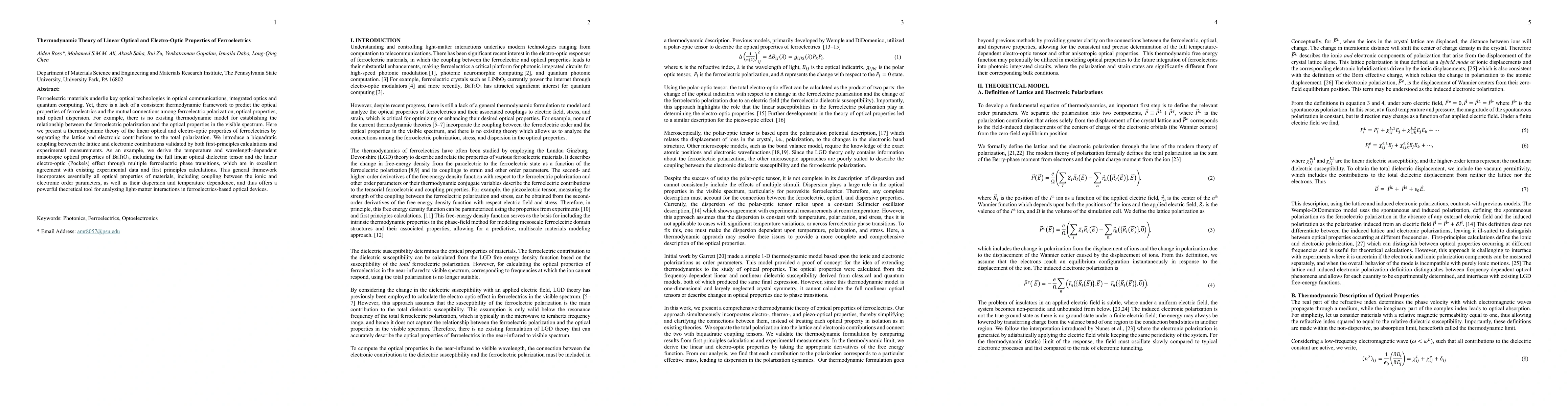 Thumbnail for Thermodynamic Theory of Linear Optical and Electro-Optic Properties of
  Ferroelectrics