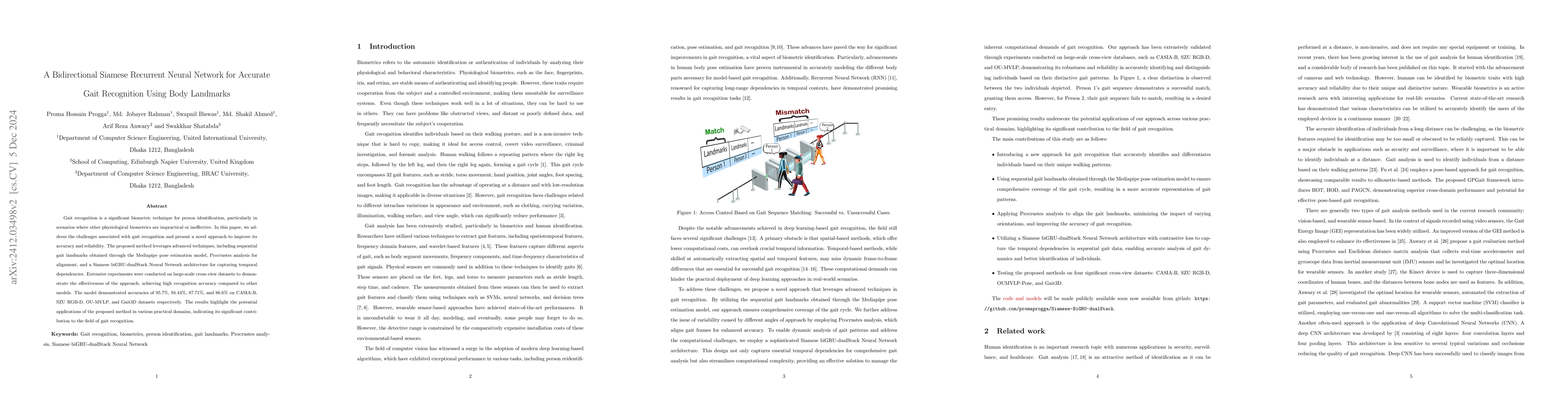 Thumbnail for A Bidirectional Siamese Recurrent Neural Network for Accurate Gait
  Recognition Using Body Landmarks