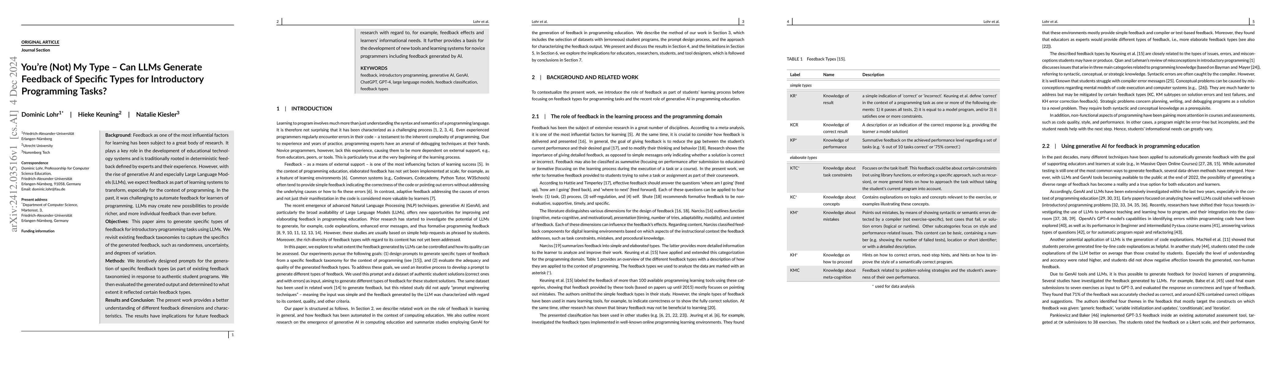Thumbnail for You're (Not) My Type -- Can LLMs Generate Feedback of Specific Types for
  Introductory Programming Tasks?