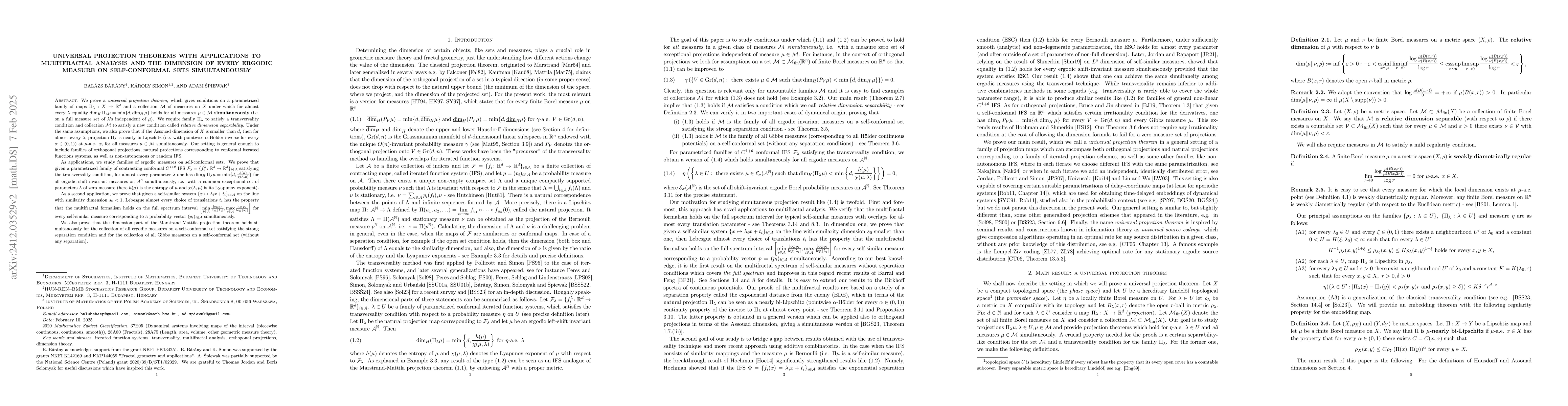 Thumbnail for Universal projection theorems with applications to multifractal analysis
  and the dimension of every ergodic measure on self-conformal sets
  simultaneously