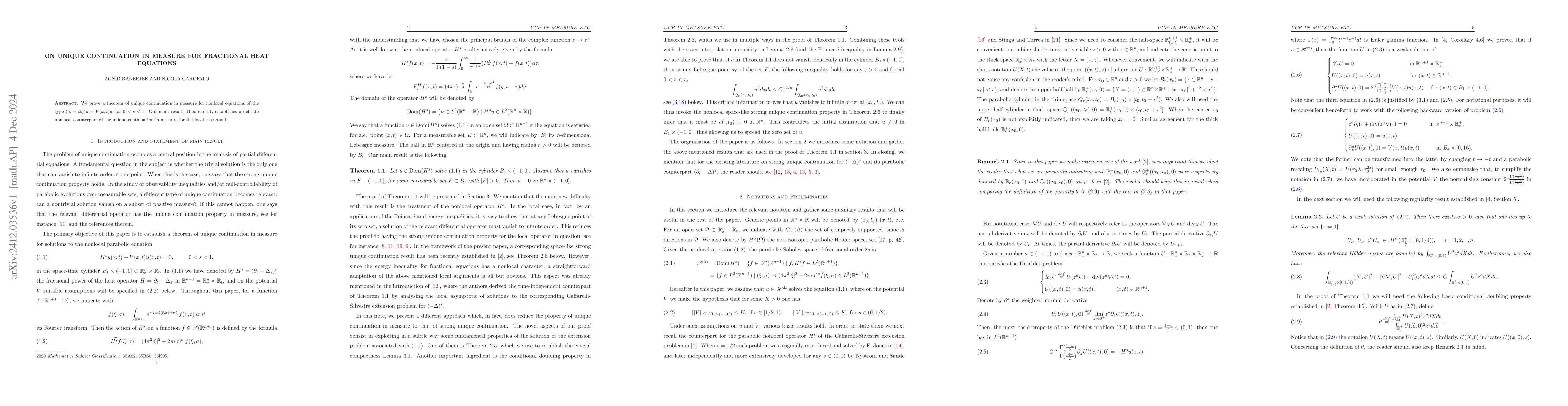 Thumbnail for On unique continuation in measure for fractional heat equations