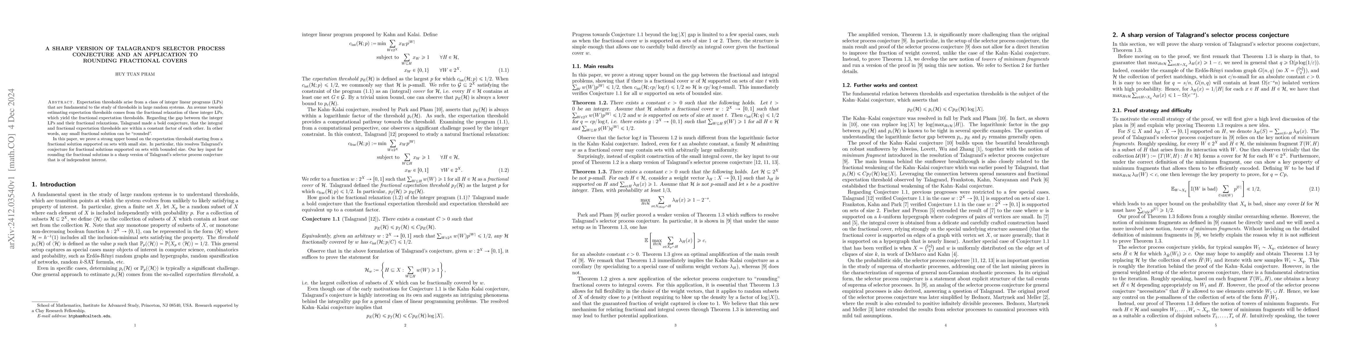Thumbnail for A sharp version of Talagrand's selector process conjecture and an
  application to rounding fractional covers
