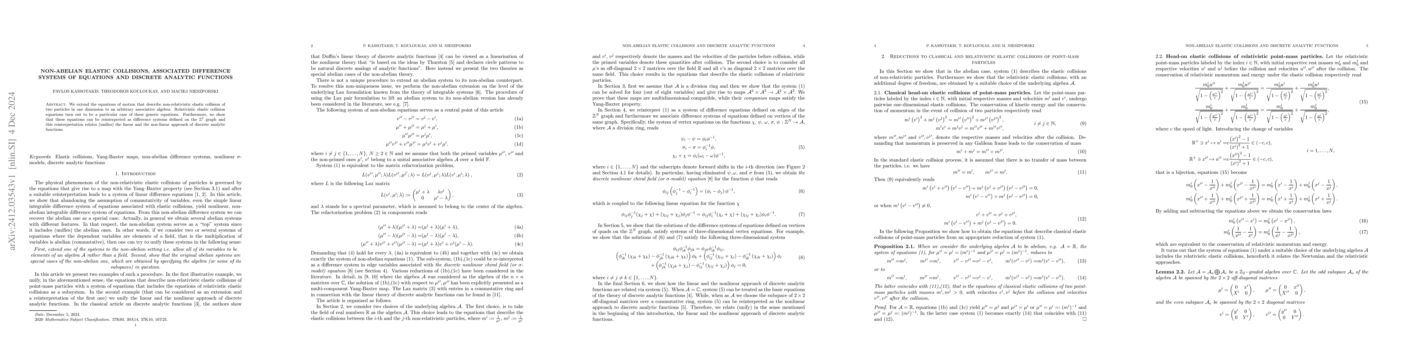 Thumbnail for Non-Abelian elastic collisions, associated difference systems of
  equations and discrete analytic functions