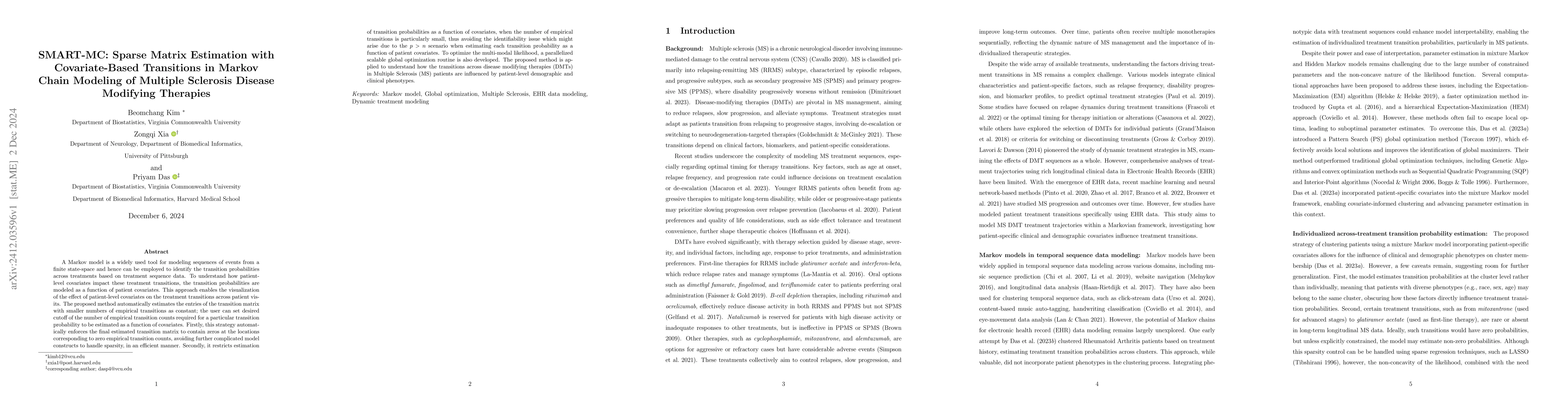 Thumbnail for SMART-MC: Sparse Matrix Estimation with Covariate-Based Transitions in
  Markov Chain Modeling of Multiple Sclerosis Disease Modifying Therapies