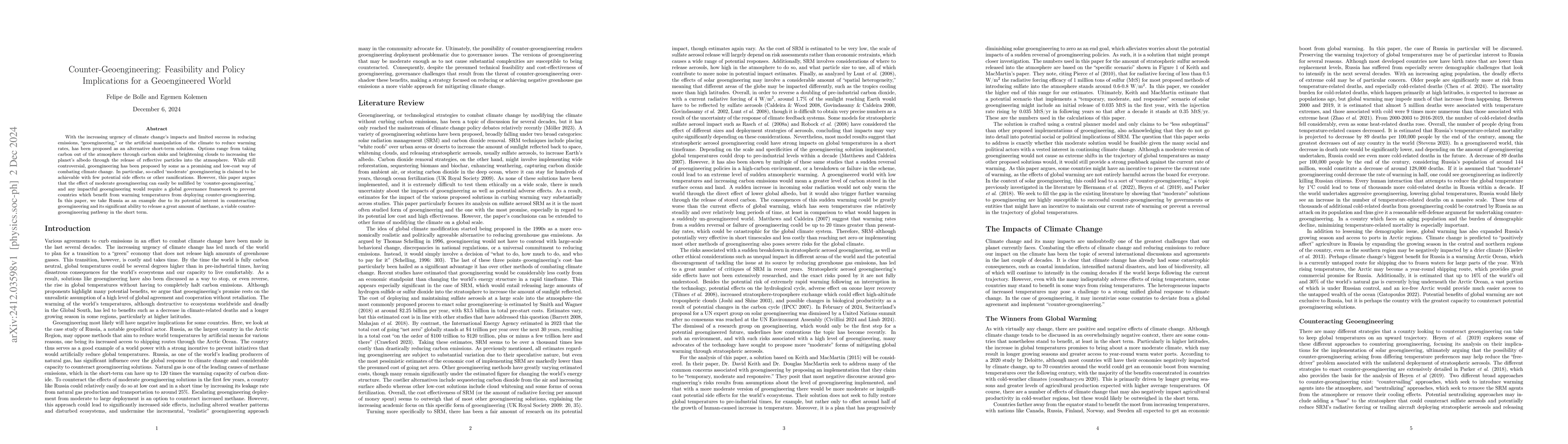 Thumbnail for Counter-Geoengineering: Feasibility and Policy Implications for a
  Geoengineered World