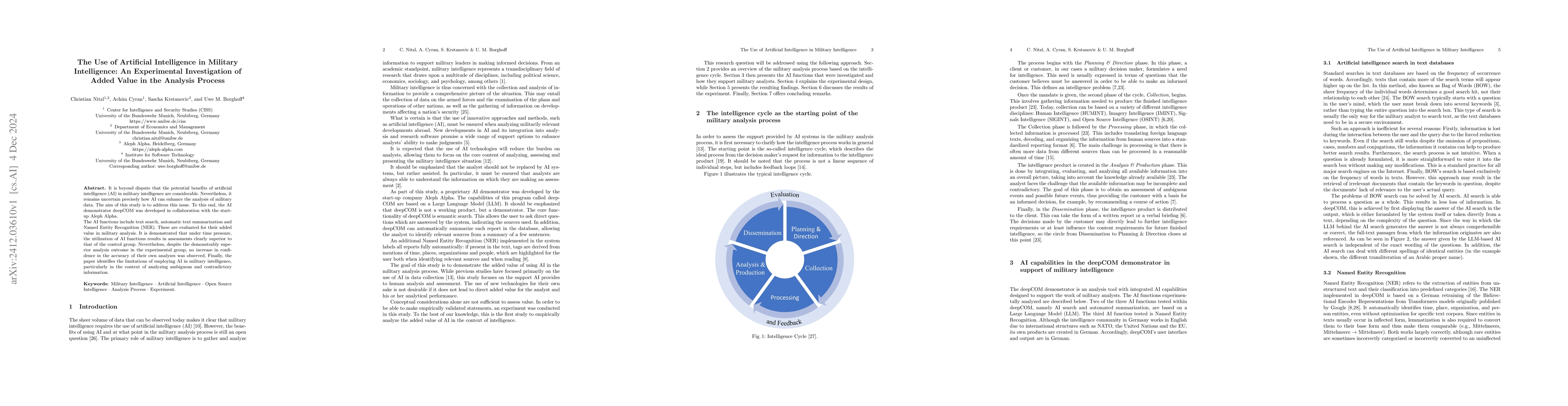 Thumbnail for The Use of Artificial Intelligence in Military Intelligence: An
  Experimental Investigation of Added Value in the Analysis Process