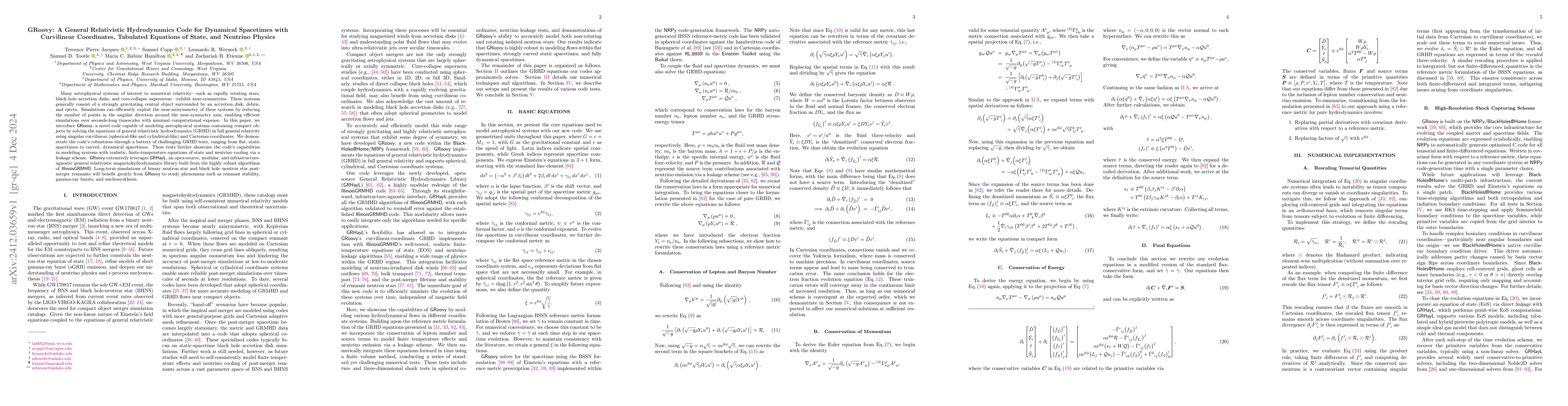 Thumbnail for GRoovy: A General Relativistic Hydrodynamics Code for Dynamical
  Spacetimes with Curvilinear Coordinates, Tabulated Equations of State, and
  Neutrino Physics