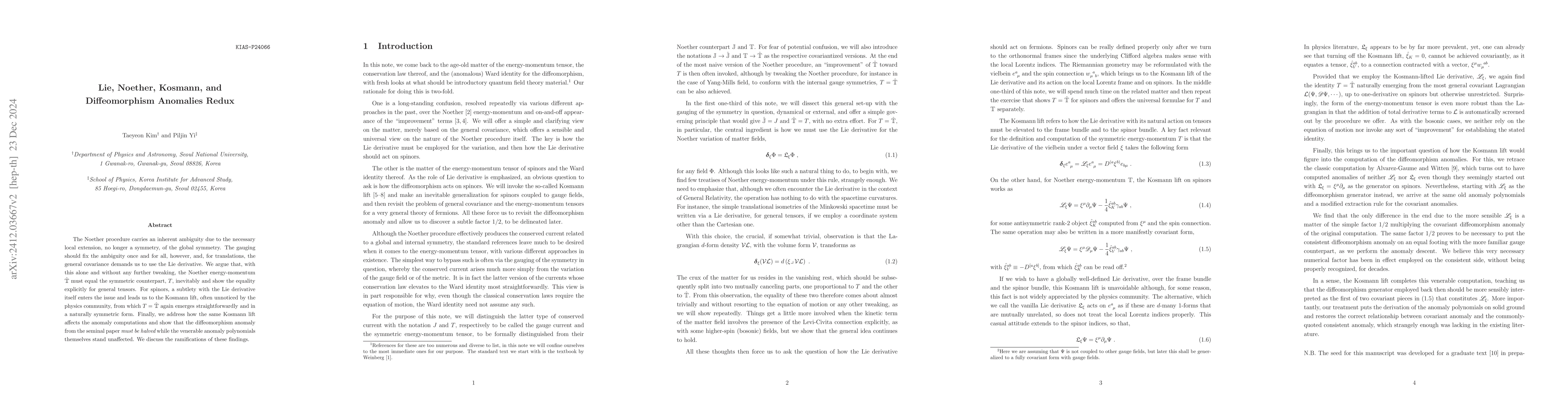 Thumbnail for Lie, Noether, Kosmann, and Diffeomorphism Anomalies Redux