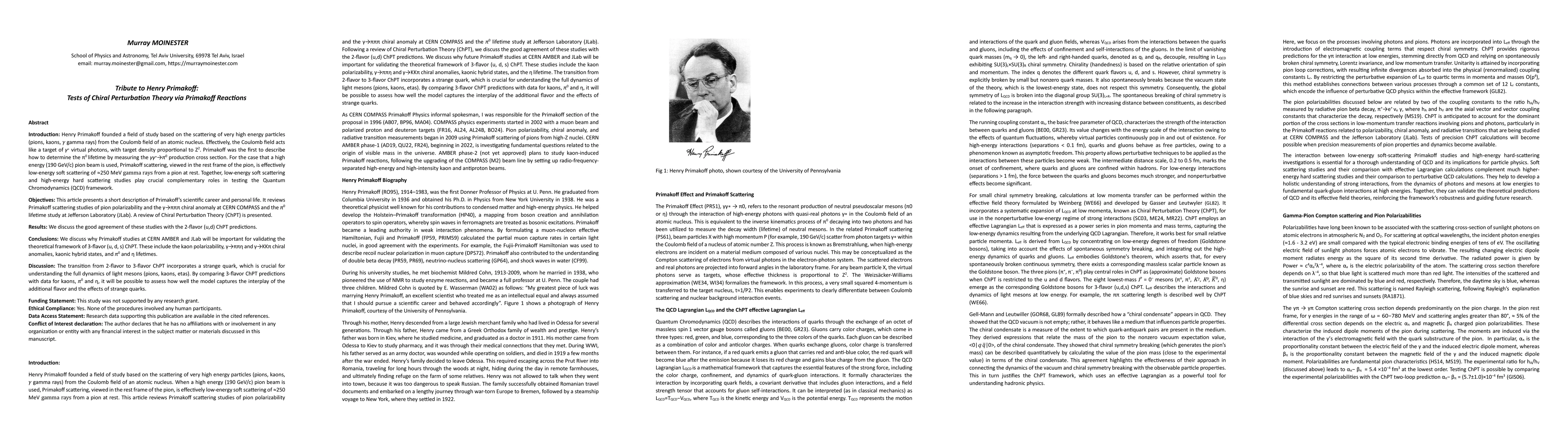 Thumbnail for Tribute to Henry Primakoff:Tests of Chiral Perturbation Theory via
  Primakoff Reactions