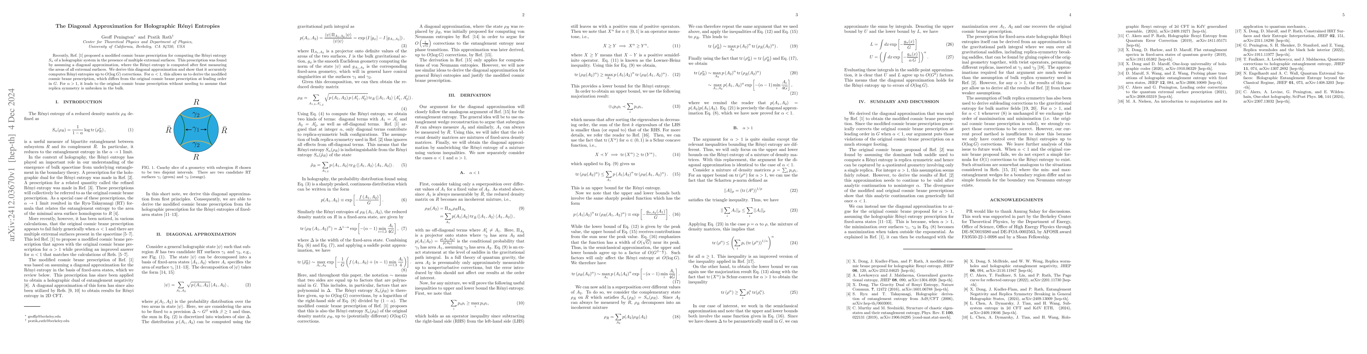 Thumbnail for The Diagonal Approximation for Holographic Rényi Entropies