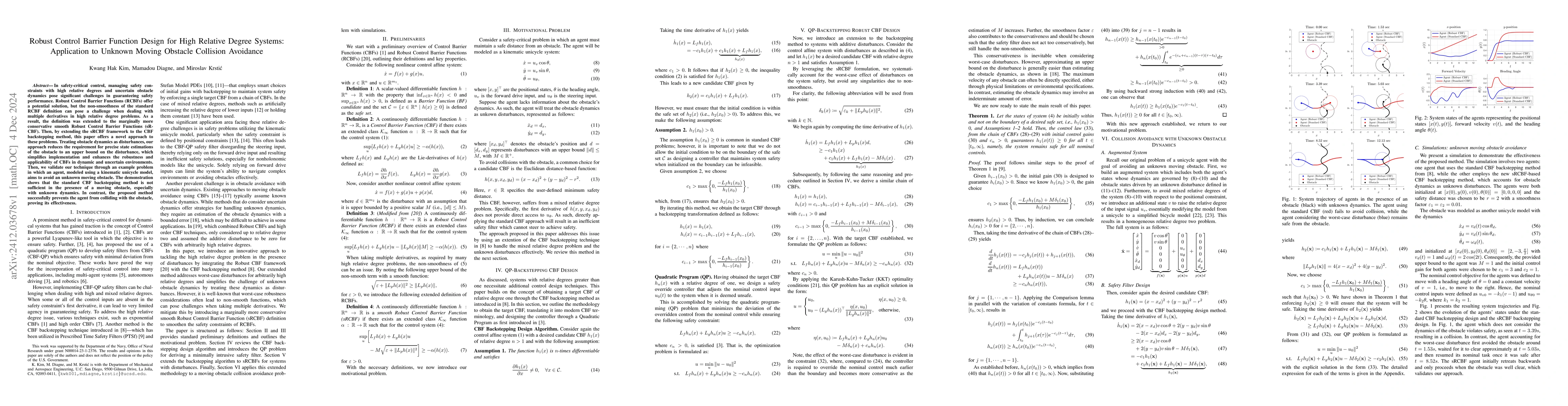 Thumbnail for Robust Control Barrier Function Design for High Relative Degree Systems:
  Application to Unknown Moving Obstacle Collision Avoidance