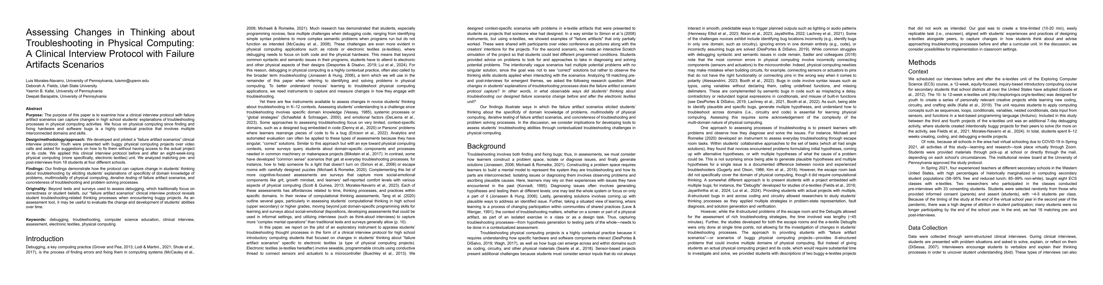 Thumbnail for Assessing Changes in Thinking about Troubleshooting in Physical
  Computing: A Clinical Interview Protocol with Failure Artifacts Scenarios