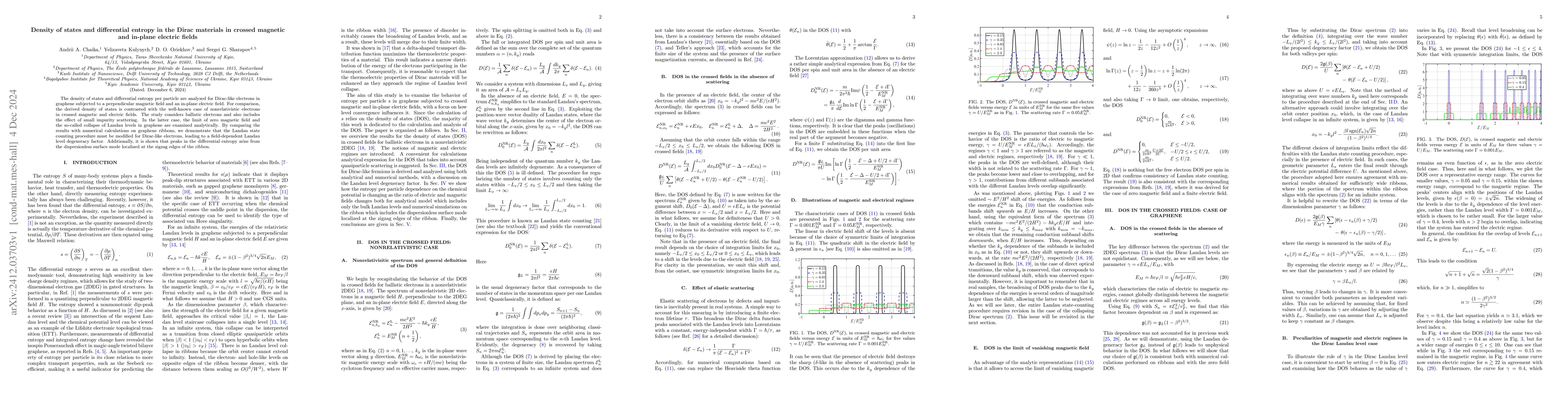 Thumbnail for Density of states and differential entropy in the Dirac materials in
  crossed magnetic and in-plane electric fields
