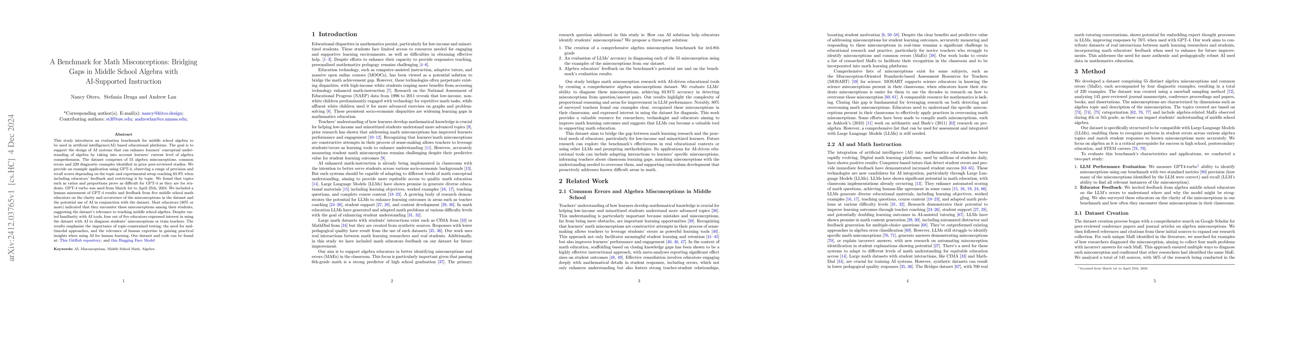 Thumbnail for A Benchmark for Math Misconceptions: Bridging Gaps in Middle School
  Algebra with AI-Supported Instruction