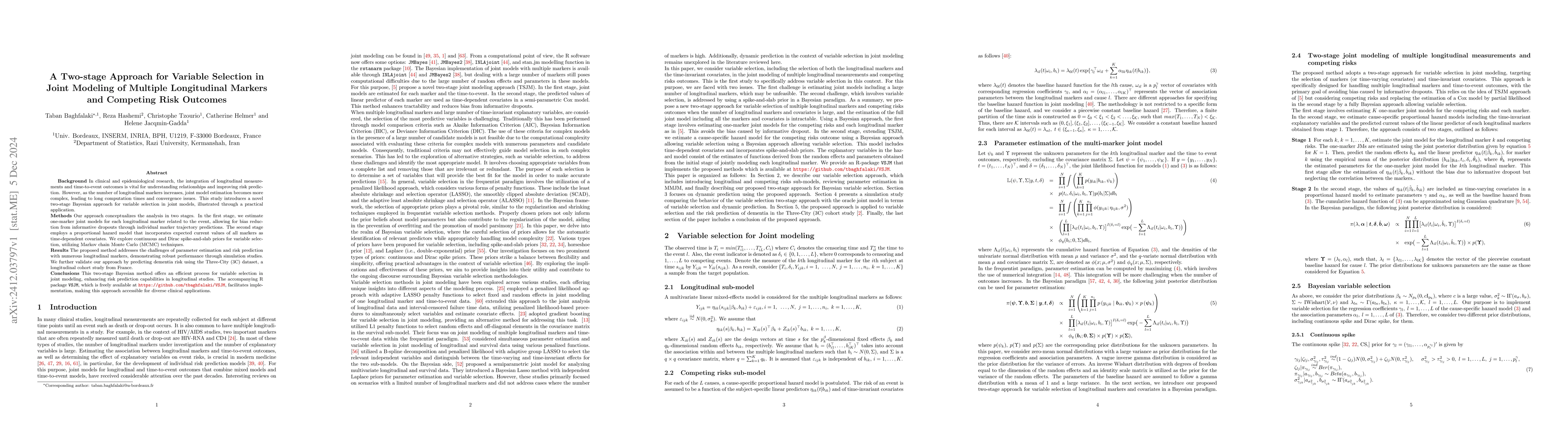 Thumbnail for A Two-stage Approach for Variable Selection in Joint Modeling of
  Multiple Longitudinal Markers and Competing Risk Outcomes