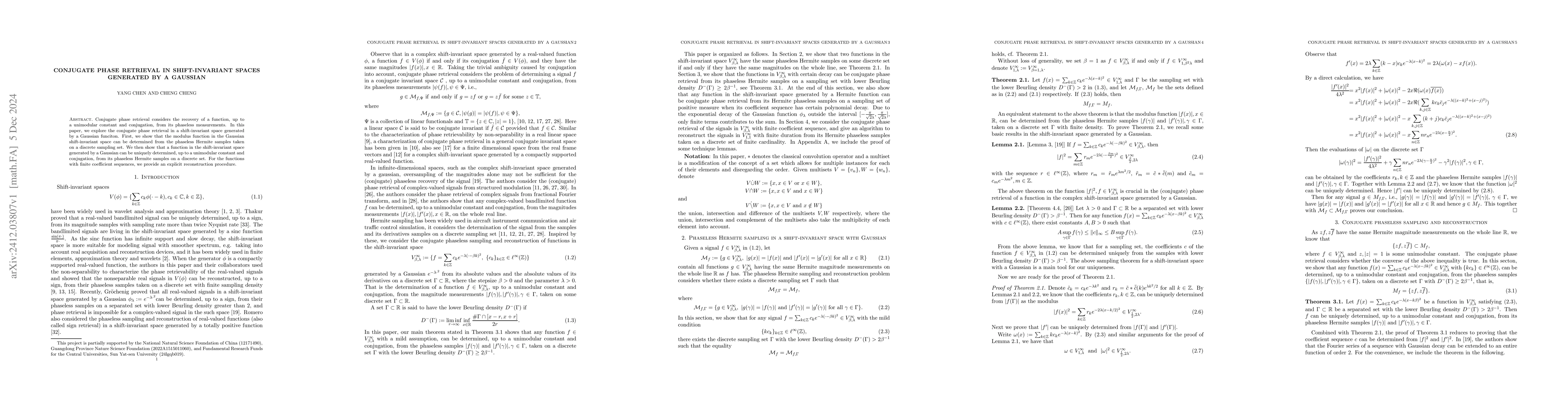 Thumbnail for Conjugate phase retrieval in shift-invariant spaces generated by a
  Gaussian