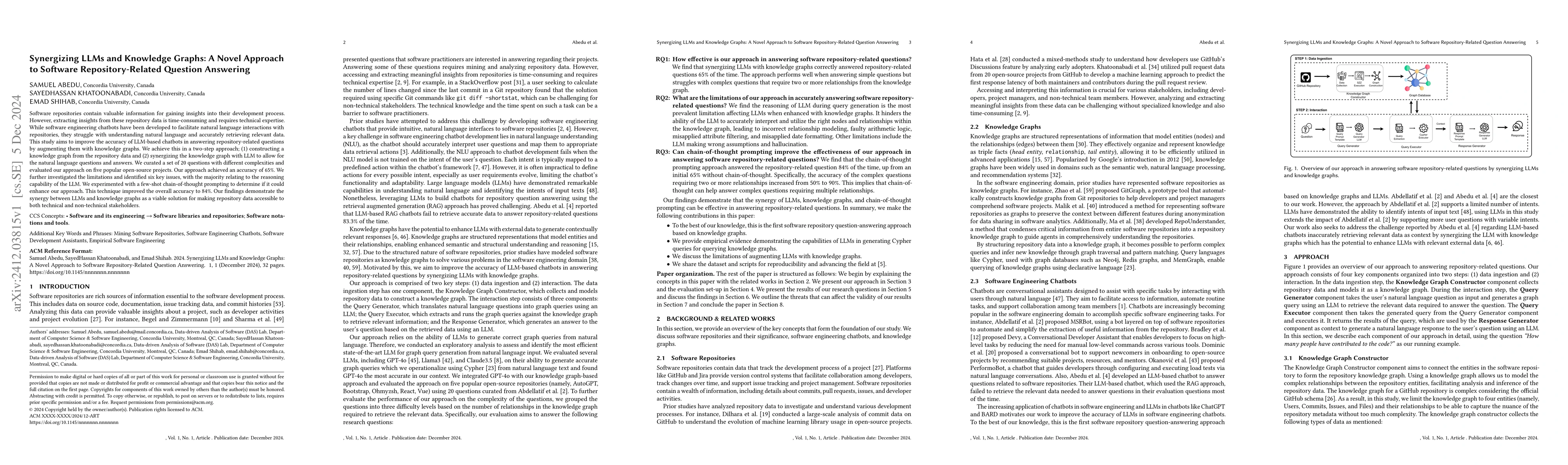 Thumbnail for Synergizing LLMs and Knowledge Graphs: A Novel Approach to Software
  Repository-Related Question Answering