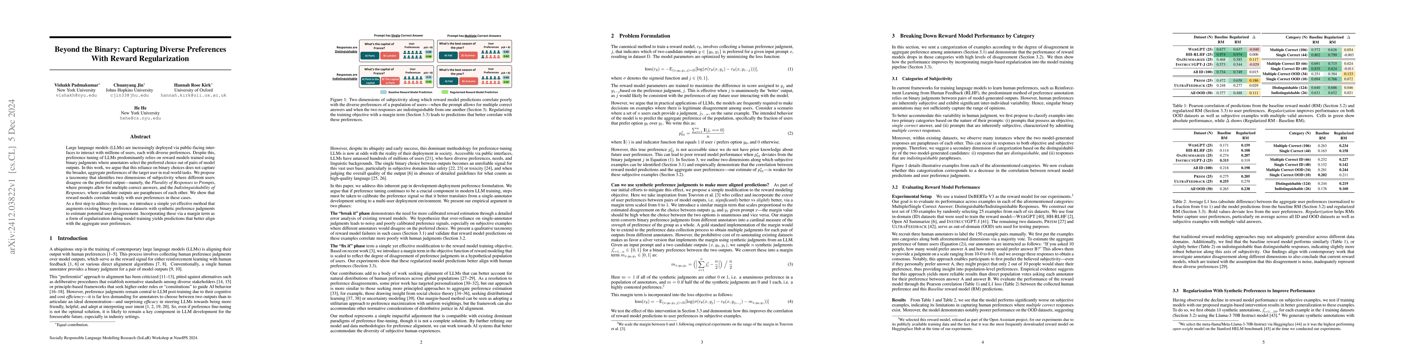 Thumbnail for Beyond the Binary: Capturing Diverse Preferences With Reward
  Regularization