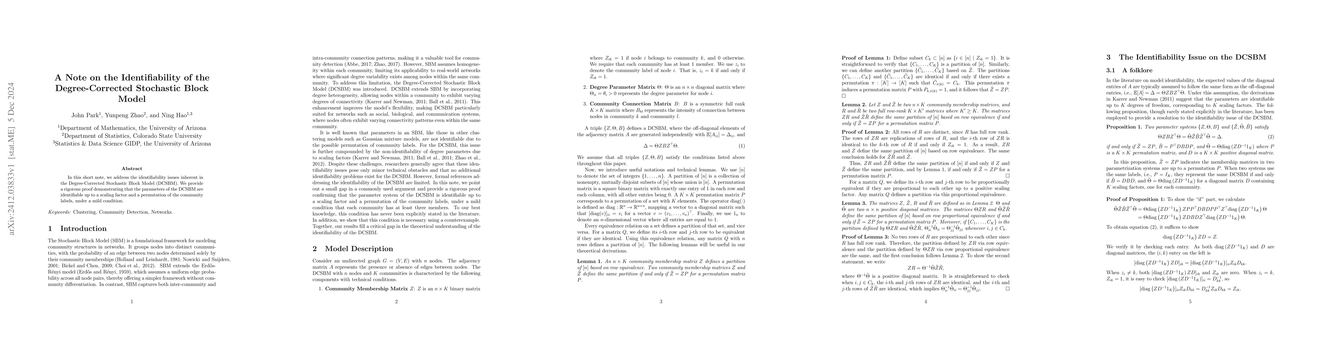Thumbnail for A Note on the Identifiability of the Degree-Corrected Stochastic Block
  Model
