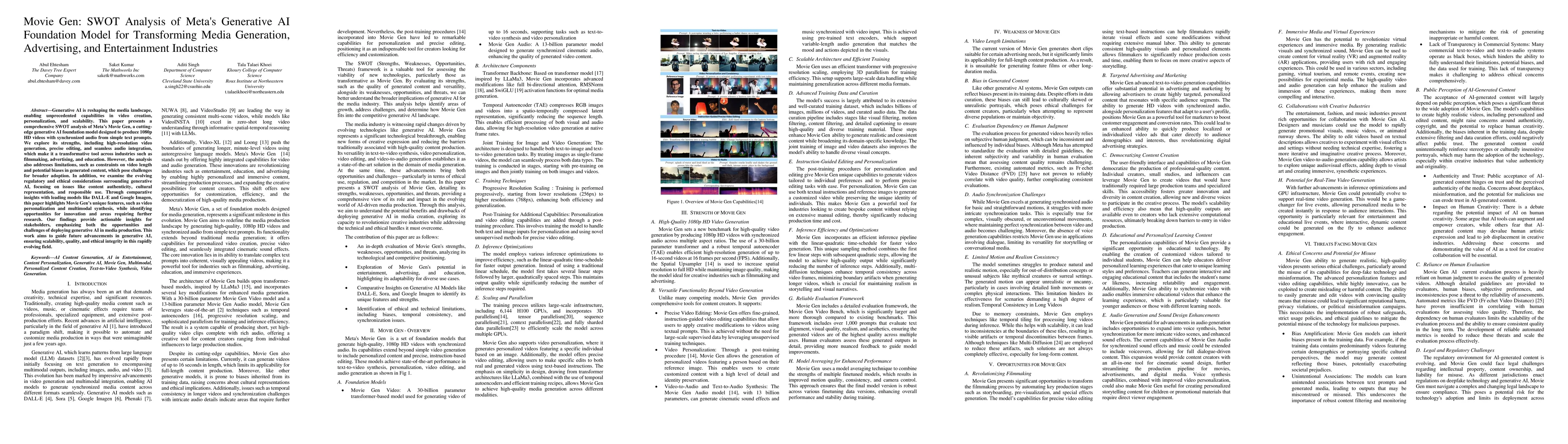 Thumbnail for Movie Gen: SWOT Analysis of Meta's Generative AI Foundation Model for
  Transforming Media Generation, Advertising, and Entertainment Industries