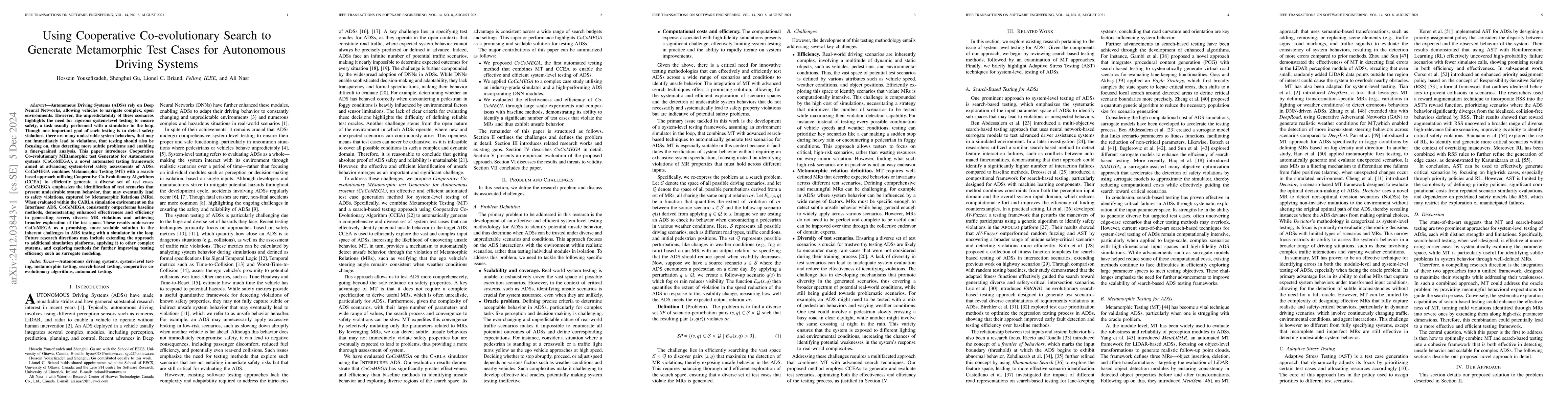 Thumbnail for Using Cooperative Co-evolutionary Search to Generate Metamorphic Test
  Cases for Autonomous Driving Systems