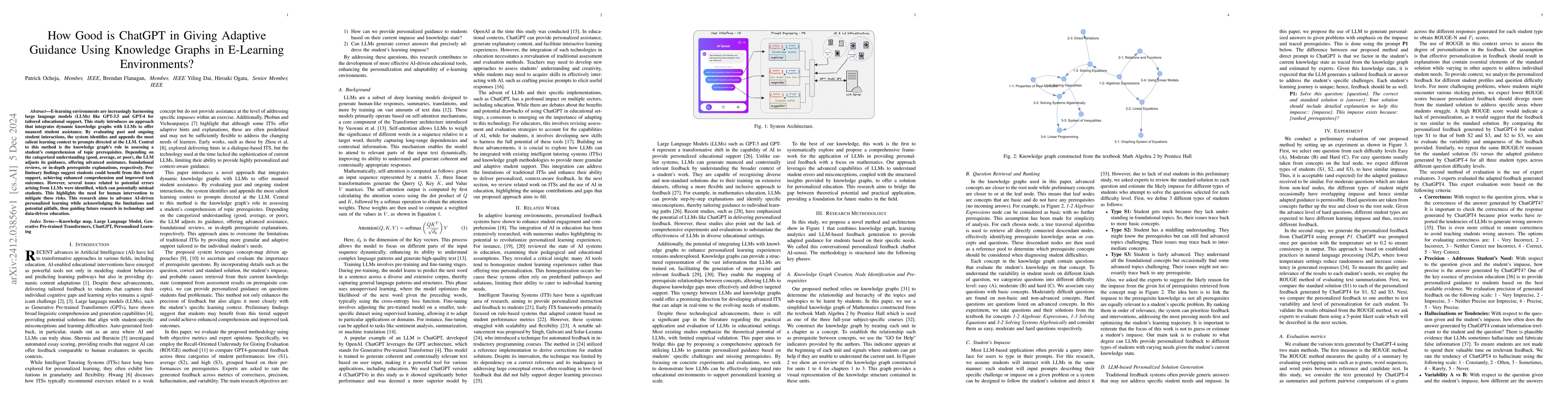 Thumbnail for How Good is ChatGPT in Giving Adaptive Guidance Using Knowledge Graphs
  in E-Learning Environments?