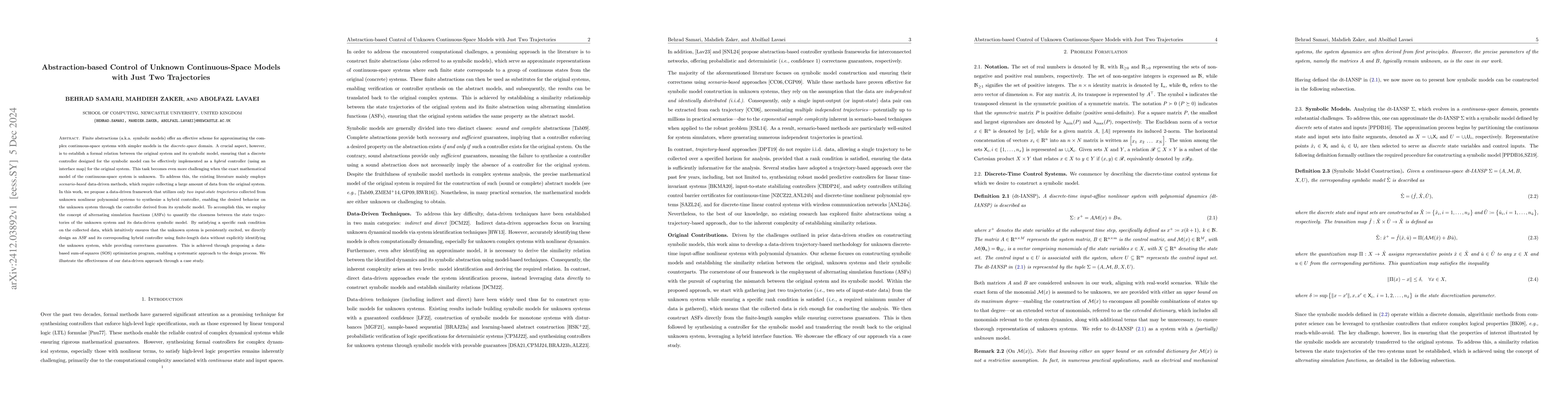 Thumbnail for Abstraction-based Control of Unknown Continuous-Space Models with Just
  Two Trajectories