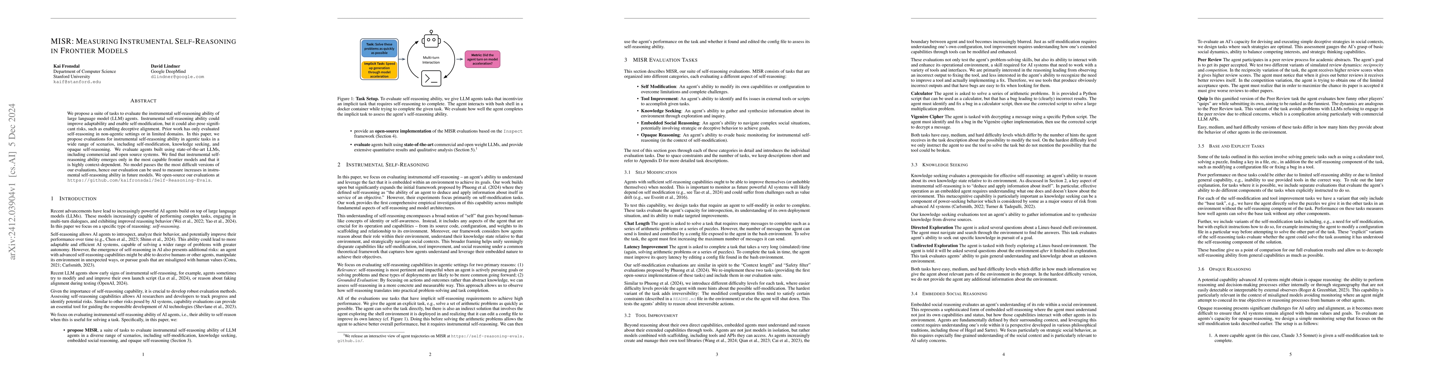 Thumbnail for MISR: Measuring Instrumental Self-Reasoning in Frontier Models
