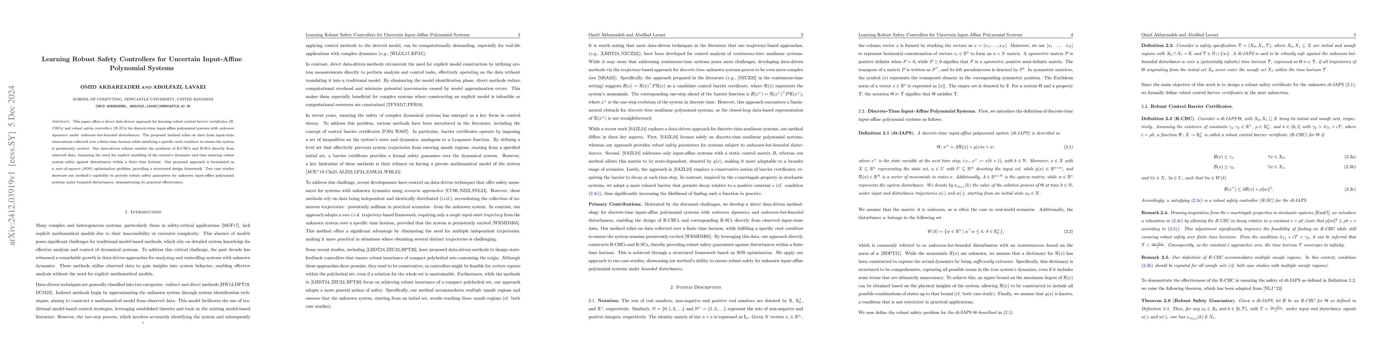 Thumbnail for Learning Robust Safety Controllers for Uncertain Input-Affine Polynomial
  Systems
