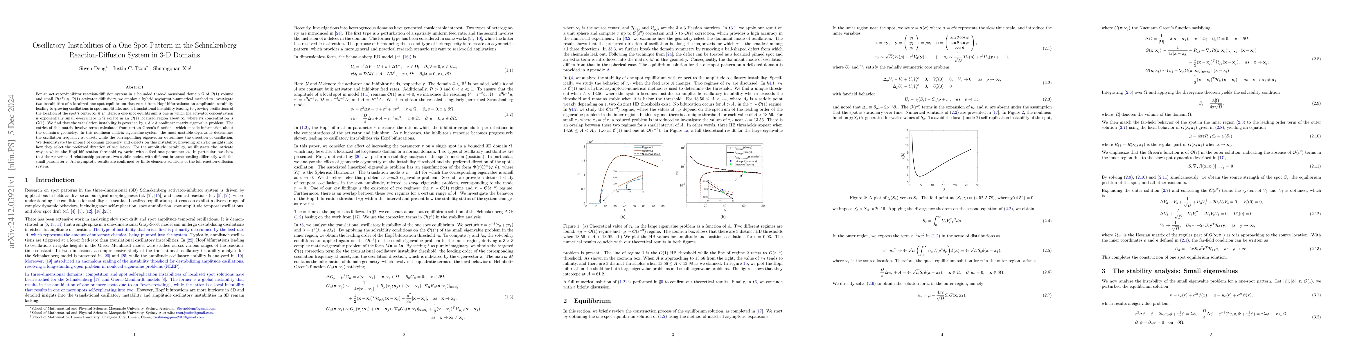 Thumbnail for Oscillatory Instabilities of a One-Spot Pattern in the Schnakenberg
  Reaction-Diffusion System in $3$-D Domains