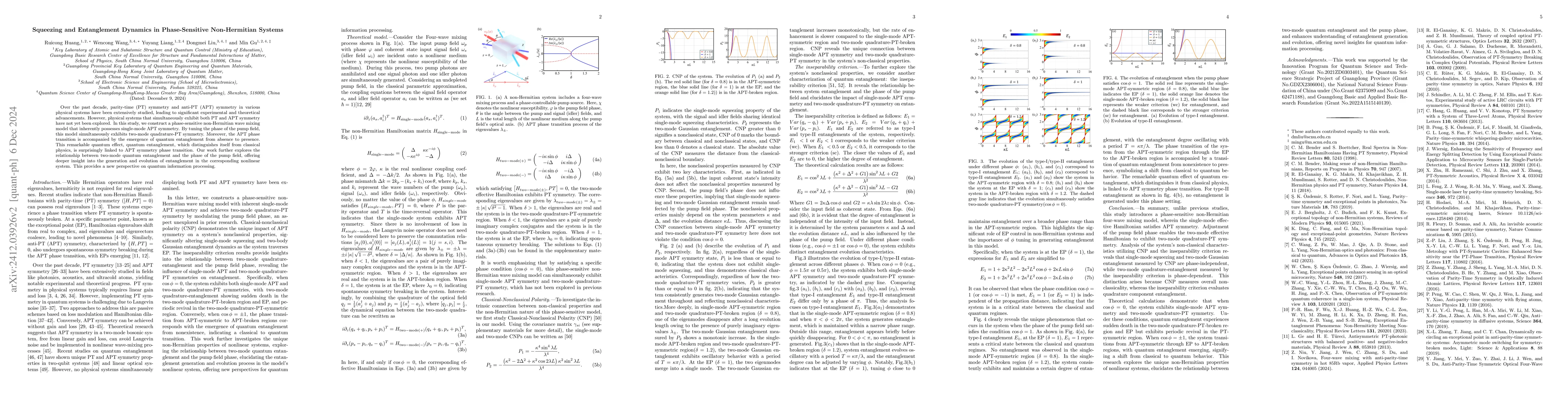 Thumbnail for Squeezing and Entanglement Dynamics in Phase-Sensitive Non-Hermitian
  Systems