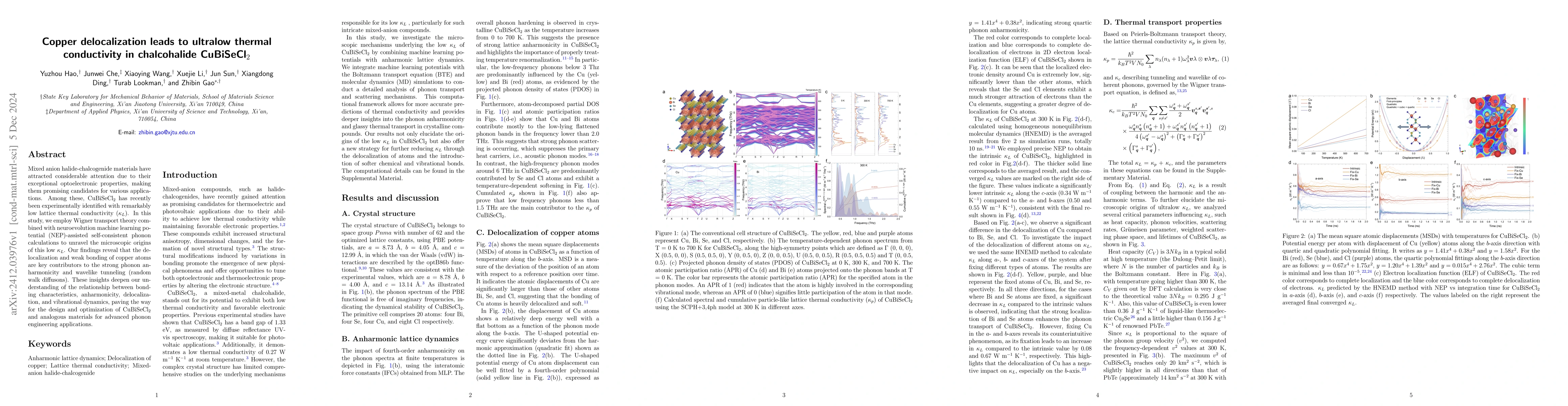 Thumbnail for Copper delocalization leads to ultralow thermal conductivity in
  chalcohalide CuBiSeCl2