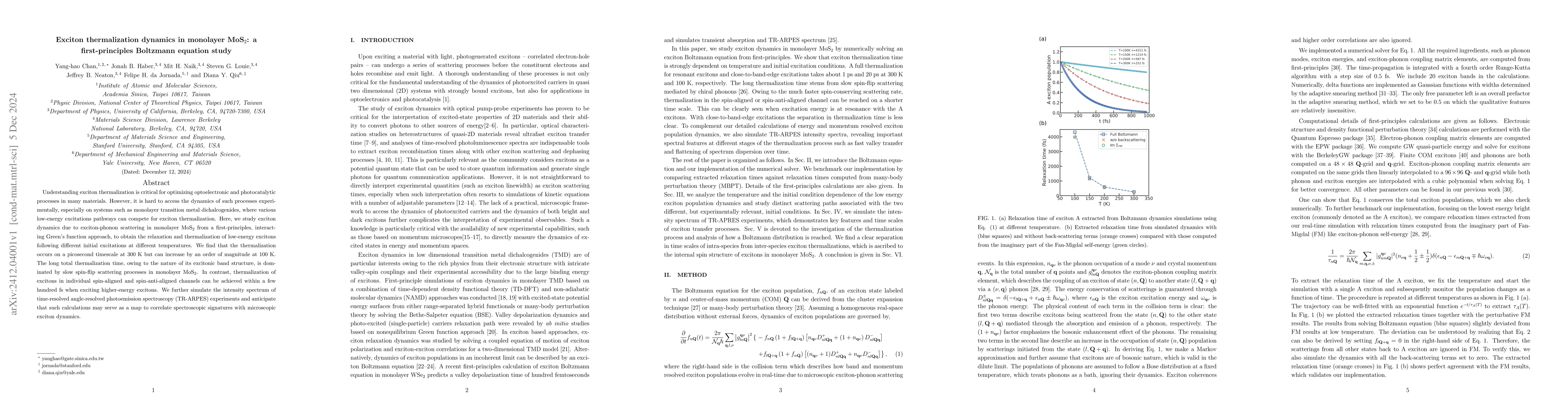 Thumbnail for Exciton thermalization dynamics in monolayer MoS2: a first-principles
  Boltzmann equation study