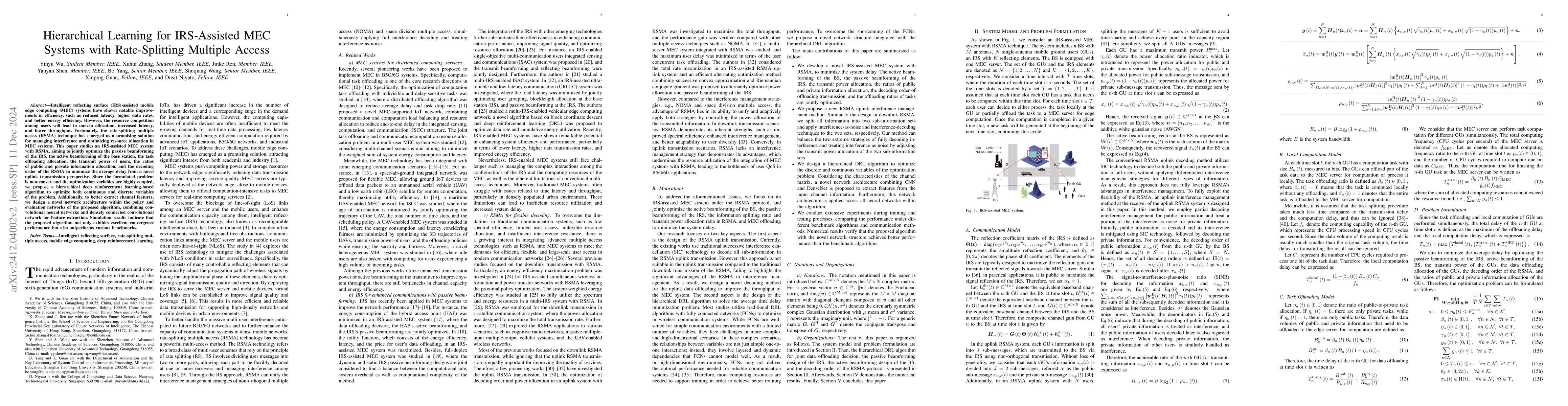 Thumbnail for Hierarchical Learning for IRS-Assisted MEC Systems with Rate-Splitting
  Multiple Access