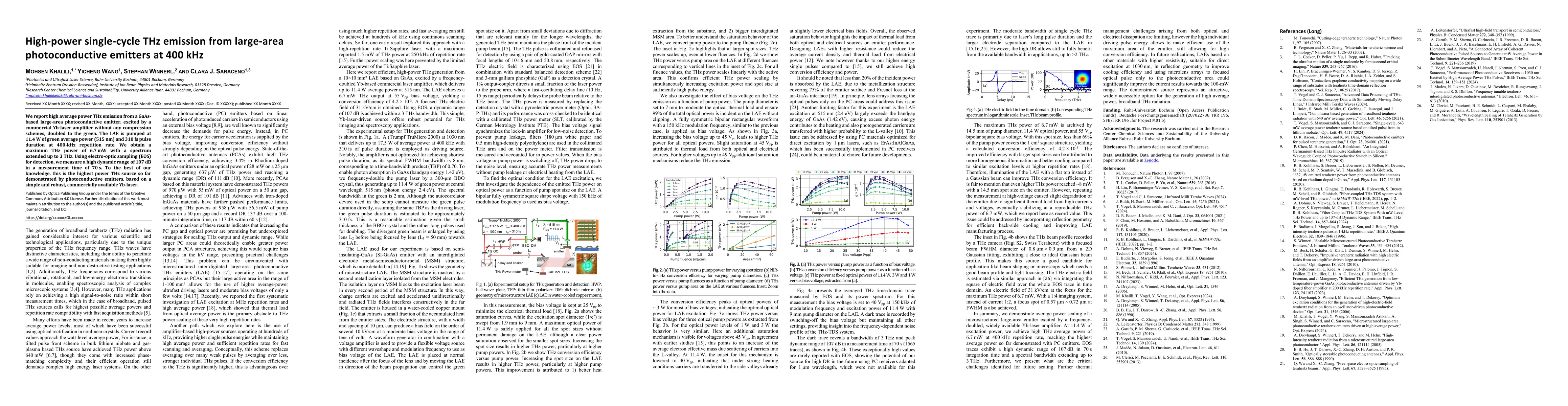 Thumbnail for High-power single-cycle THz emission from large-area photoconductive
  emitters at 400 kHz
