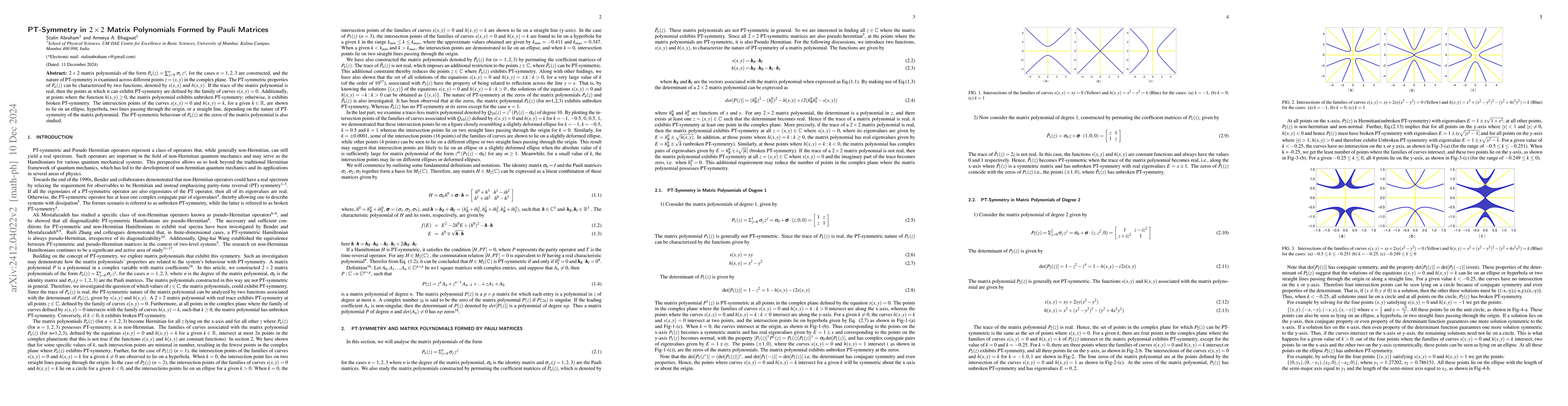 Thumbnail for PT-Symmetry in $2\times 2$ Matrix Polynomials Formed by Pauli Matrices
