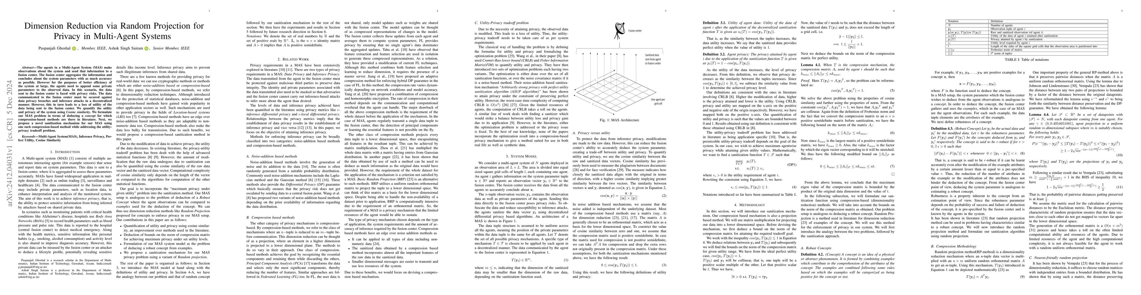 Thumbnail for Dimension Reduction via Random Projection for Privacy in Multi-Agent
  Systems