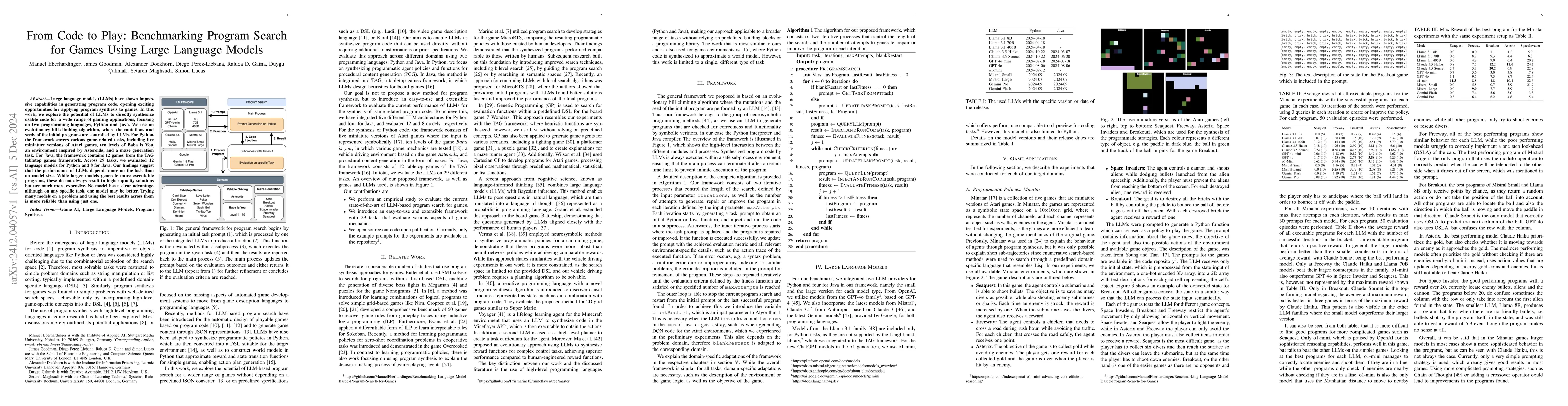 Thumbnail for From Code to Play: Benchmarking Program Search for Games Using Large
  Language Models