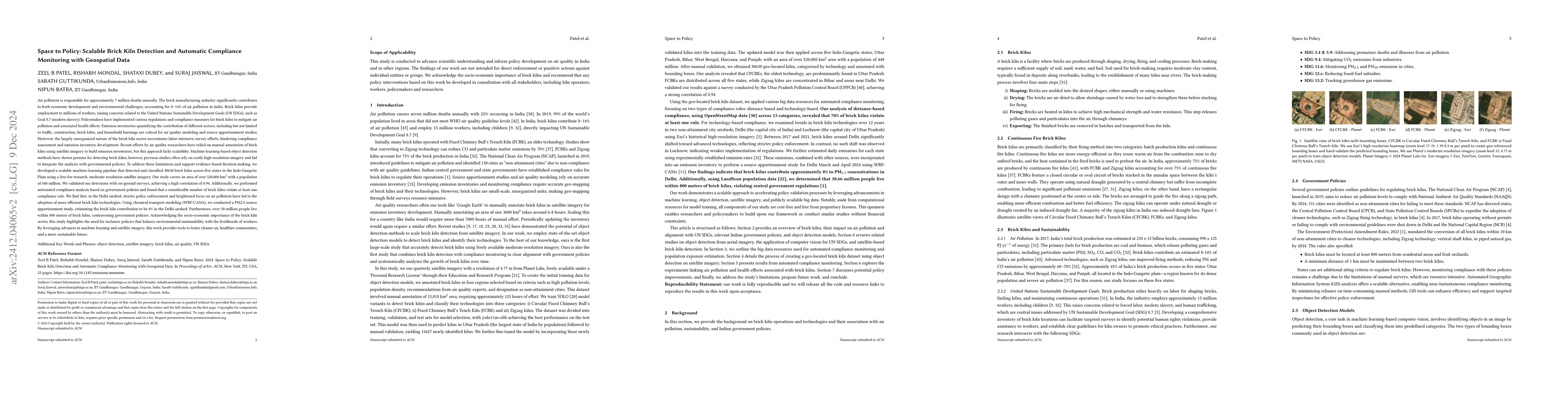 Thumbnail for Space to Policy: Scalable Brick Kiln Detection and Automatic Compliance
  Monitoring with Geospatial Data