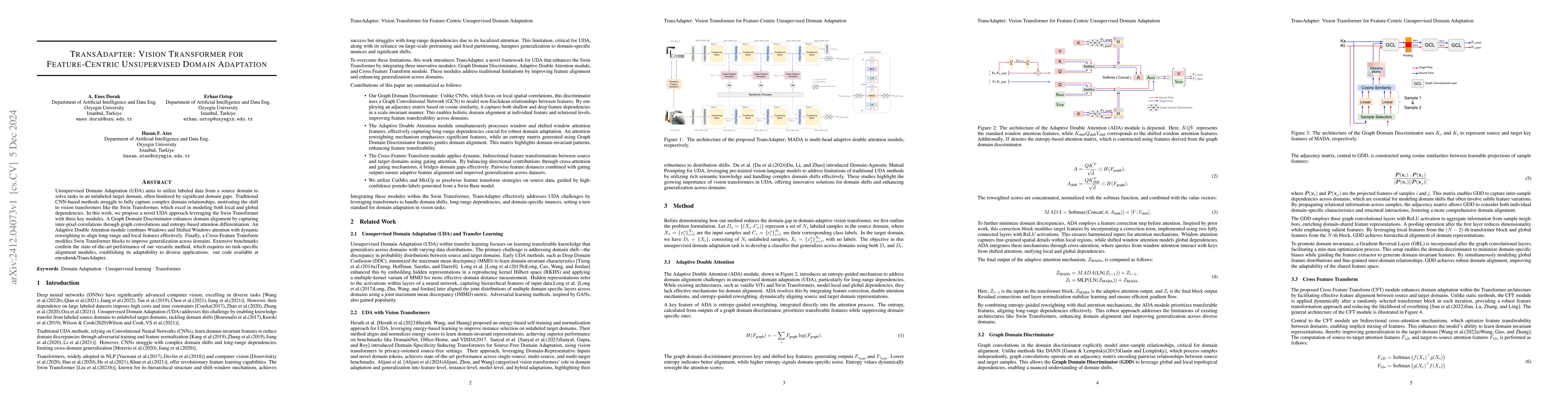 Thumbnail for TransAdapter: Vision Transformer for Feature-Centric Unsupervised Domain
  Adaptation