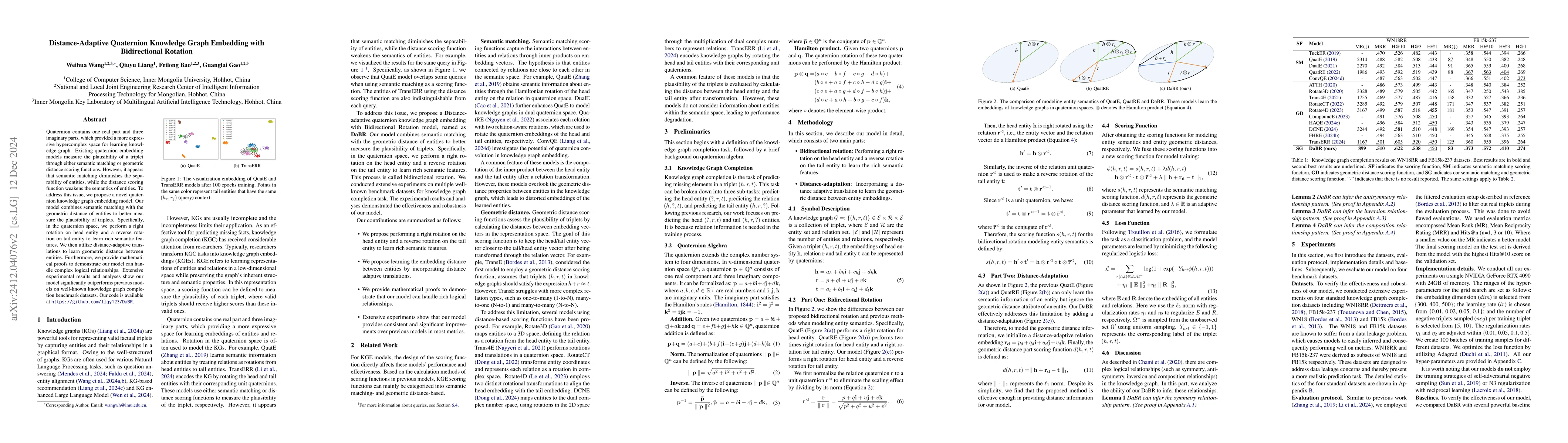 Thumbnail for Distance-Adaptive Quaternion Knowledge Graph Embedding with
  Bidirectional Rotation