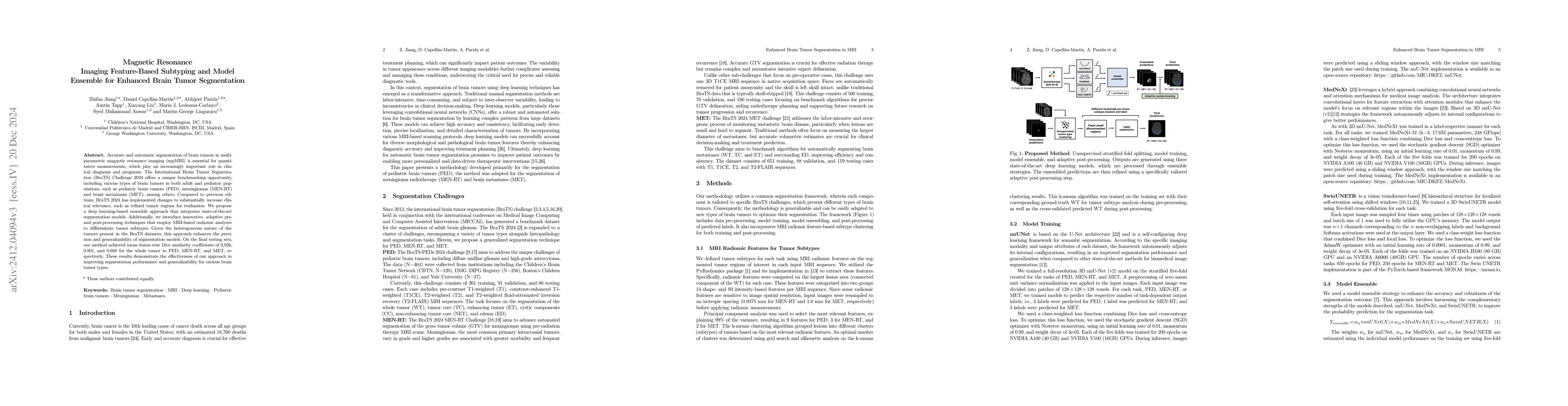 Thumbnail for Magnetic Resonance Imaging Feature-Based Subtyping and Model Ensemble
  for Enhanced Brain Tumor Segmentation