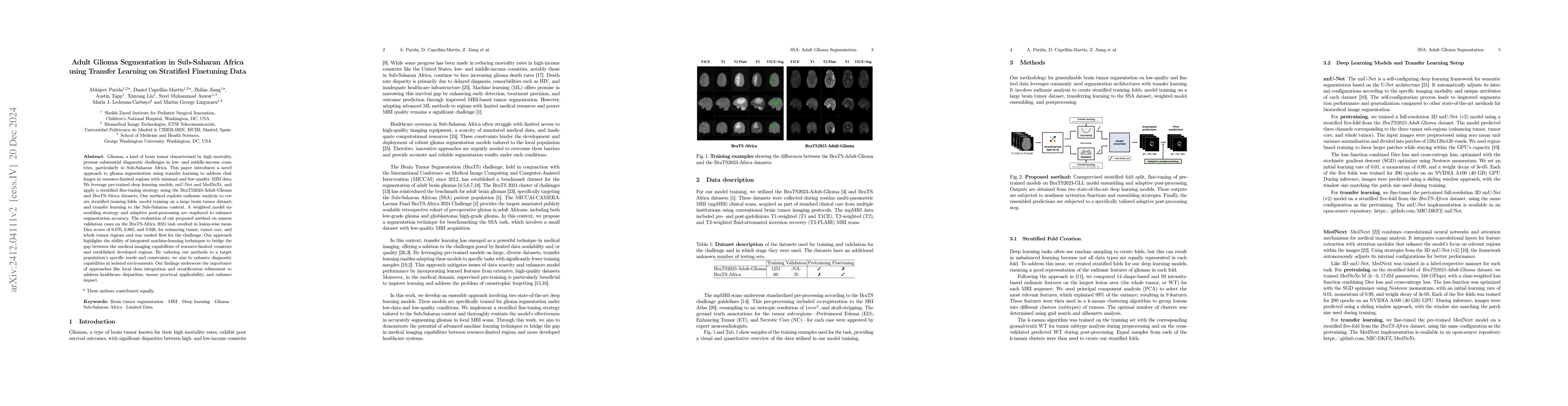 Thumbnail for Adult Glioma Segmentation in Sub-Saharan Africa using Transfer Learning
  on Stratified Finetuning Data