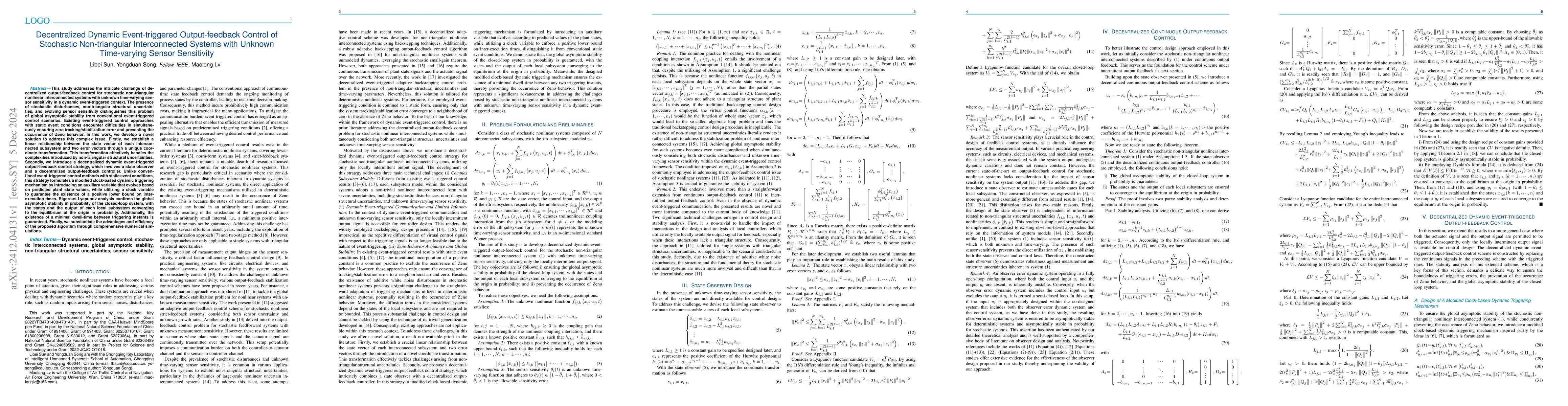 Thumbnail for Decentralized Dynamic Event-triggered Output-feedback Control of
  Stochastic Non-triangular Interconnected Systems with Unknown Time-varying
  Sensor Sensitivity
