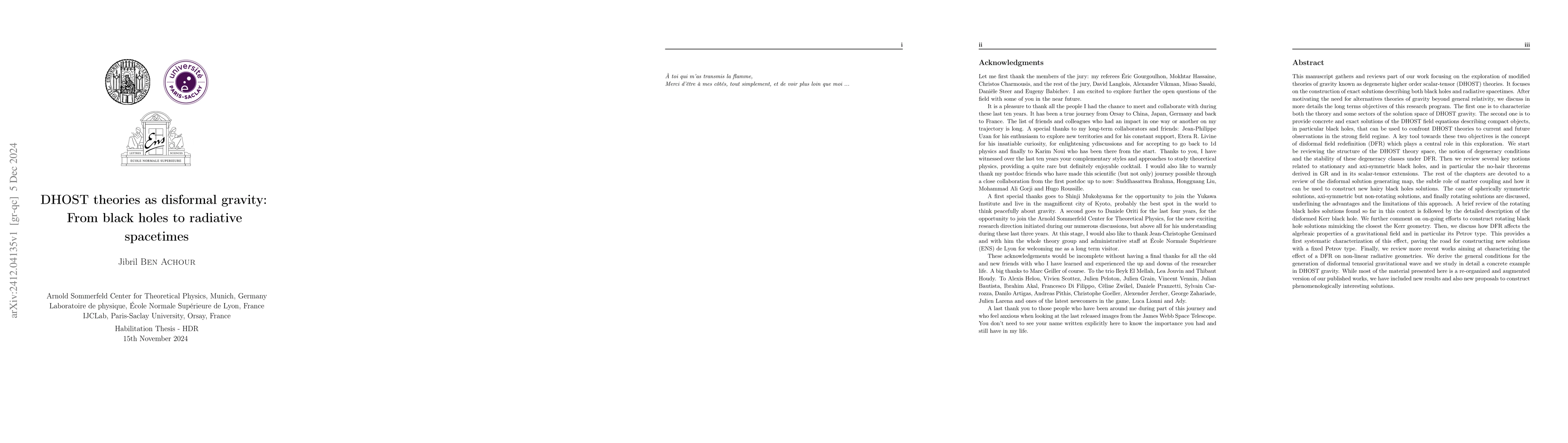 Thumbnail for DHOST theories as disformal gravity: From black holes to radiative
  spacetimes