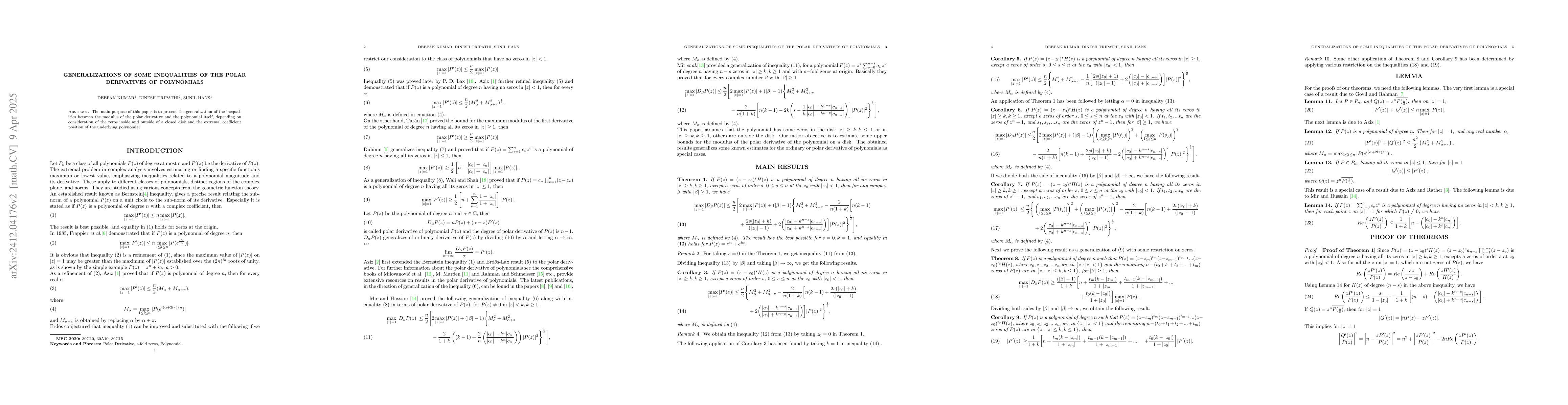 Thumbnail for Generalizations of Some Inequalities of the Polar Derivatives of
  Polynomials