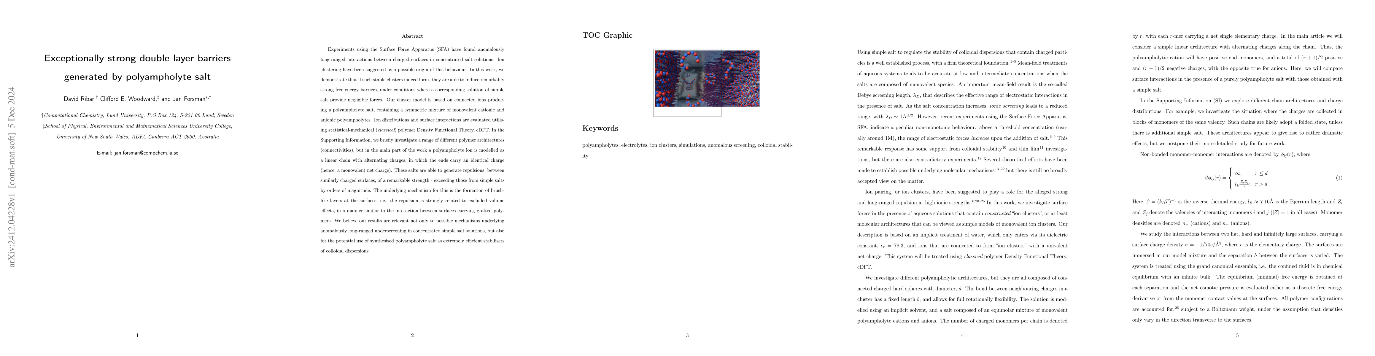 Thumbnail for Exceptionally strong double-layer barriers generated by polyampholyte
  salt