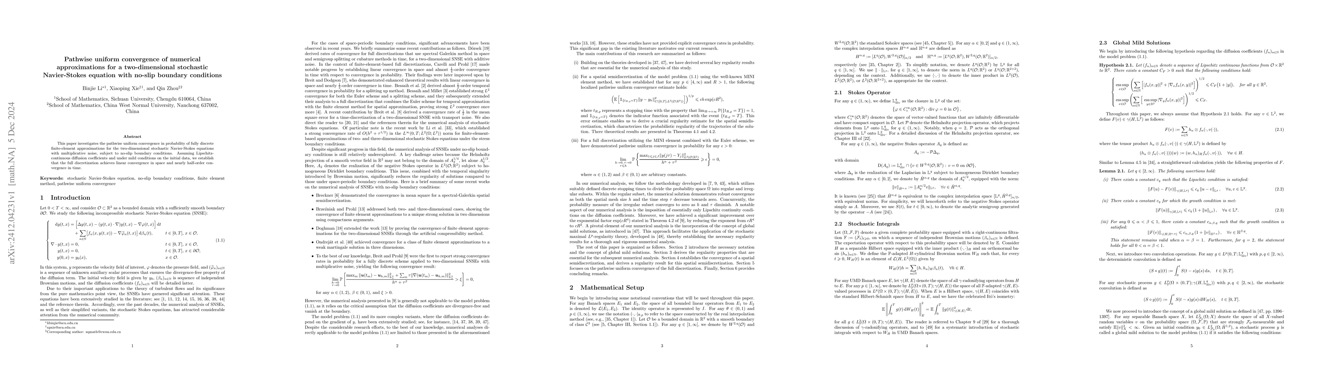 Thumbnail for Pathwise uniform convergence of numerical approximations for a
  two-dimensional stochastic Navier-Stokes equation with no-slip boundary
  conditions