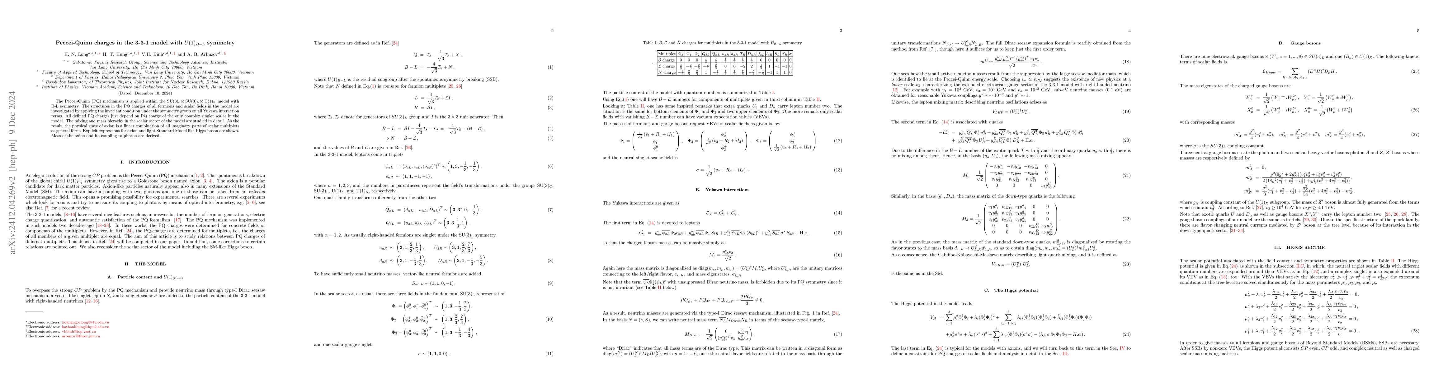 Thumbnail for Peccei-Quinn charges in the 3-3-1 model with $U(1)_{B-L}$ symmetry