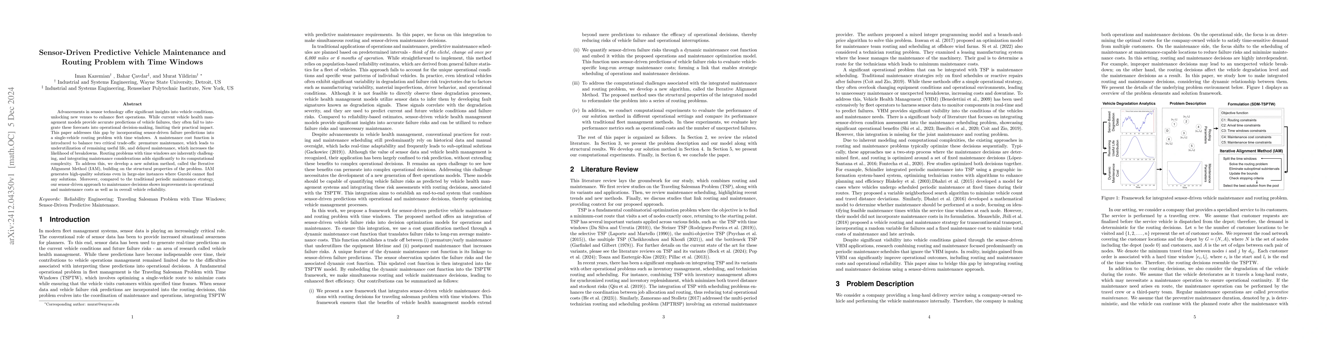 Thumbnail for Sensor-Driven Predictive Vehicle Maintenance and Routing Problem with
  Time Windows